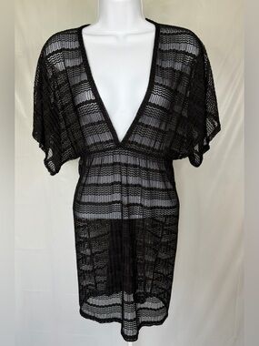 Jordan Taylor Black Swim Cover Up Large Sheer Lace V Neck NWT